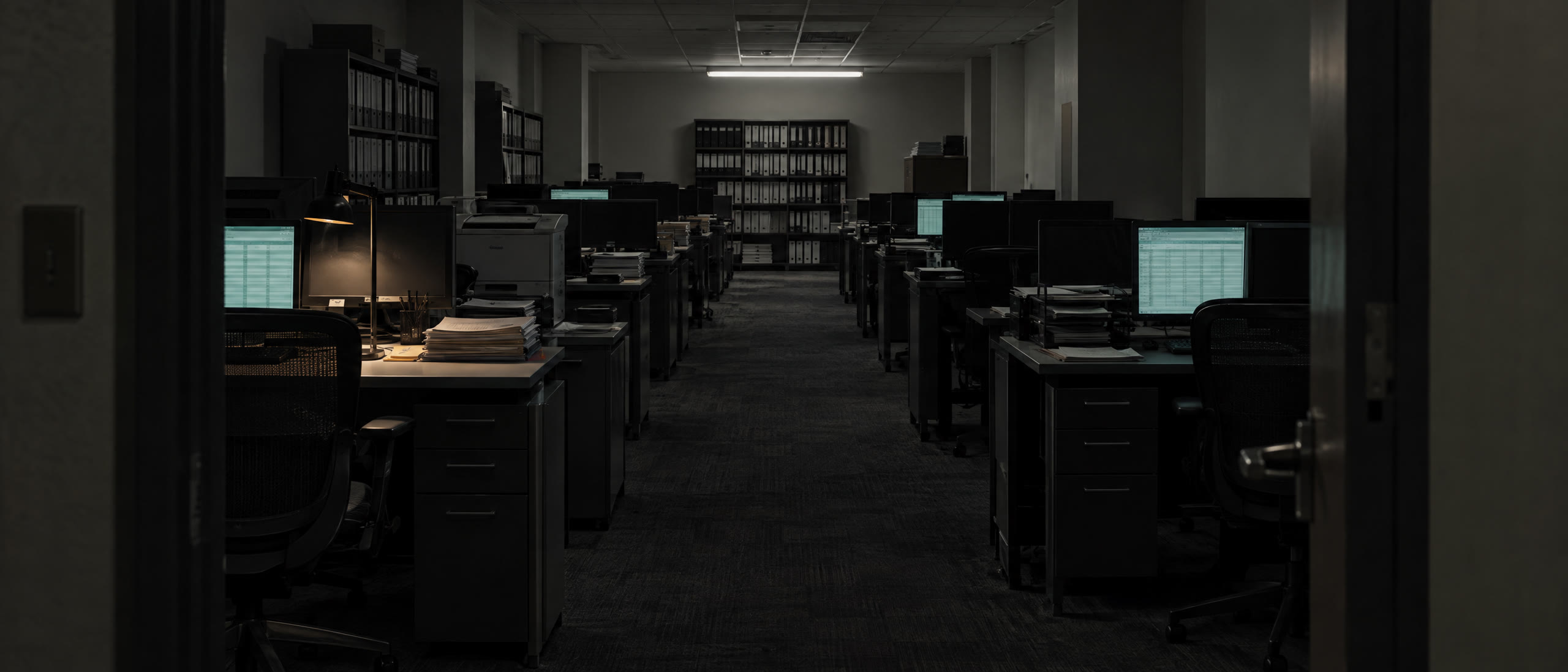 The empty underwriting operations floor at night, seen from the doorway, the aisle receding with a few monitors lit.