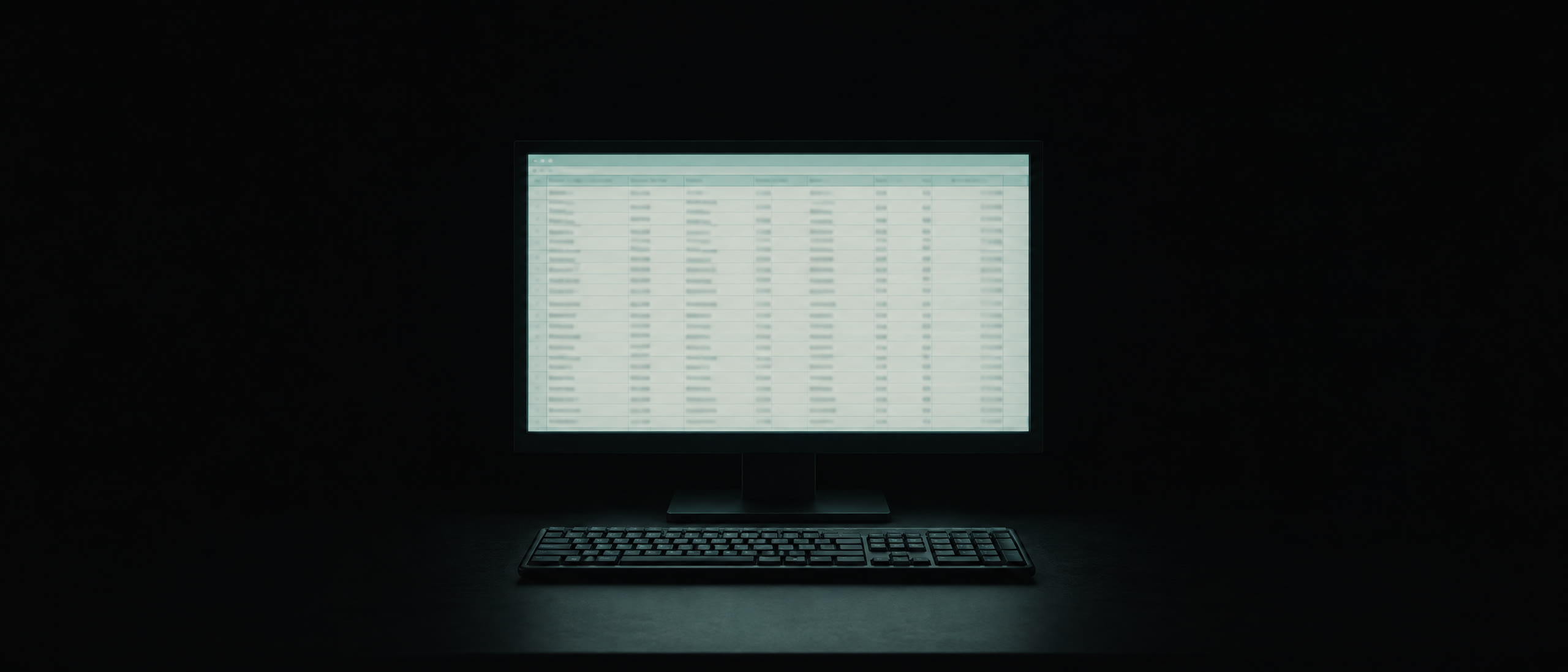 A single monitor in a dark room showing a table of rows, a keyboard in front, the rest of the room black.