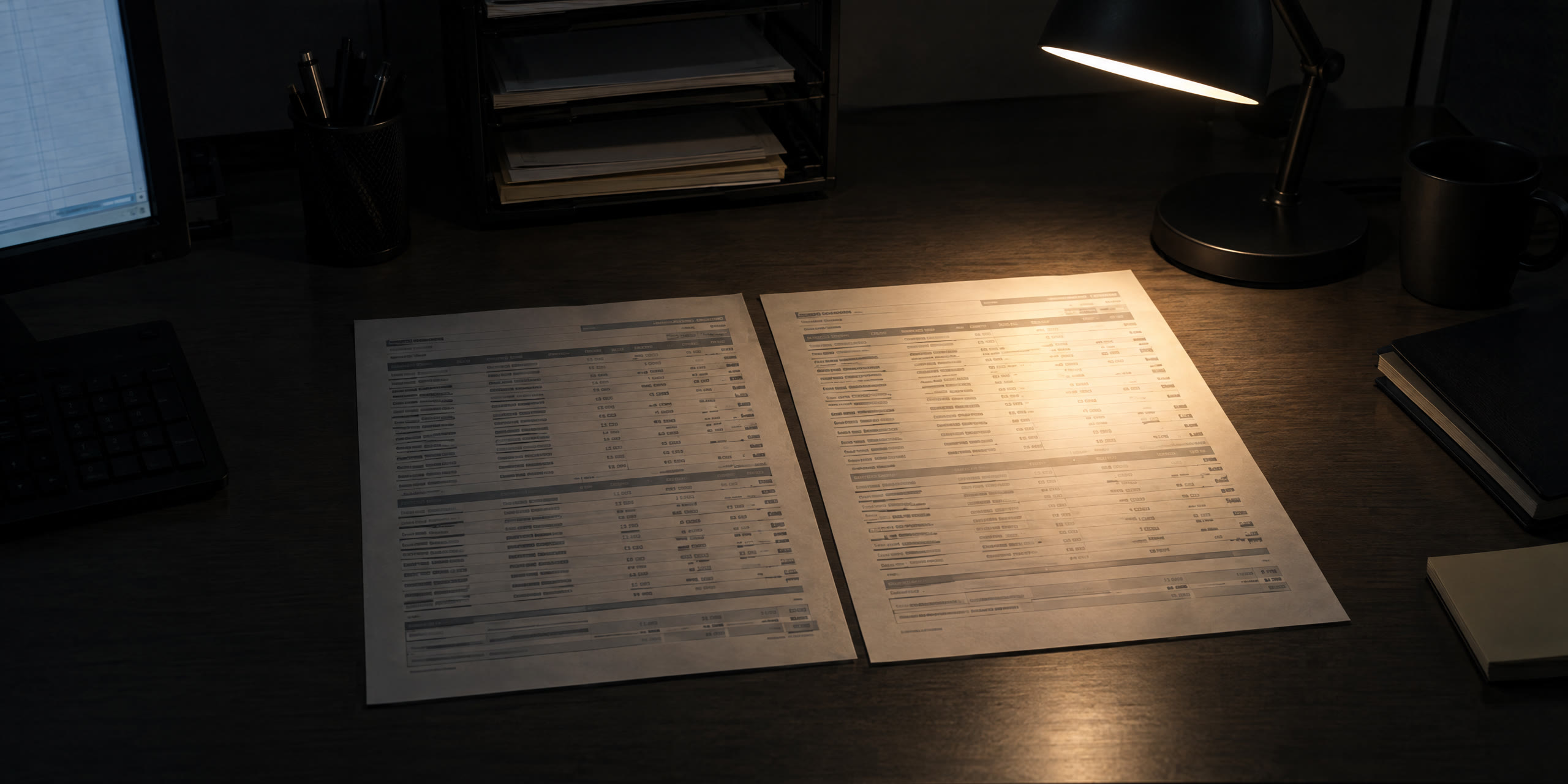 Two bank statement pages side by side on a desk, one line under the lamp.