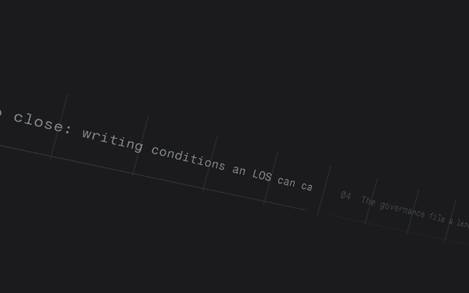 A still of the /blog ledger tape scene: the four post titles printed along one continuous ledger tape unspooling through the dark.
