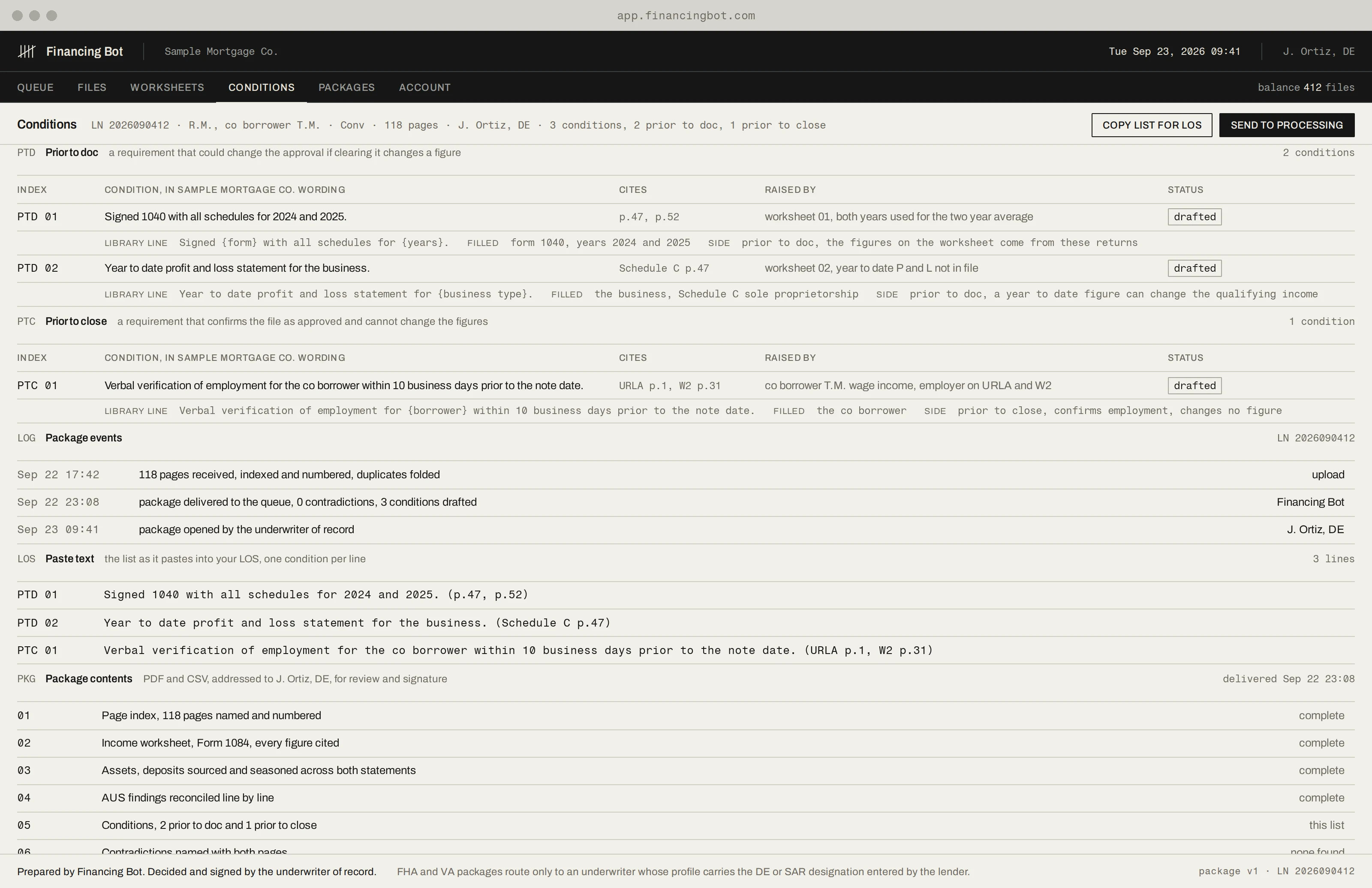 The condition list for loan LN 2026090412 in Sample Mortgage Co. wording, scrolled to the prior to doc block: two prior to doc conditions, each with its page cite and status.